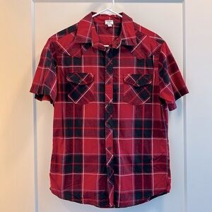 🆕Hang Ten Red, Aqua, Black and White Plaid Button Down Short Sleeve Shirt